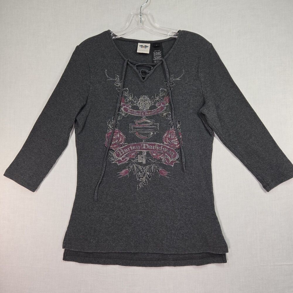 Harley Davidson Womens 3/4 Sleeve Shirt Ribbed Gray Lace Up Neck Large Top Biker